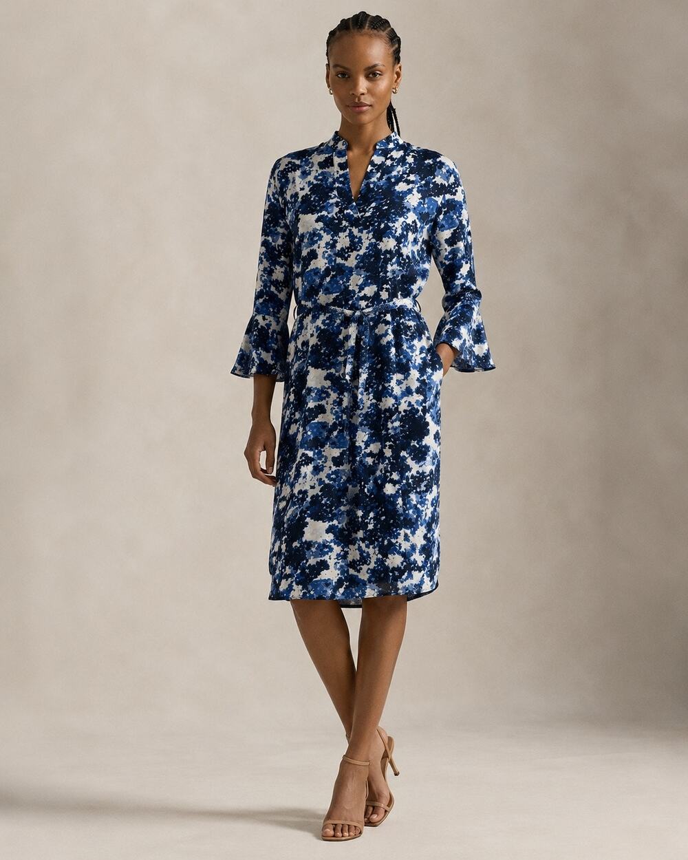 Ralph Lauren 2P Petite Blue Floral Belted Shift Dress 3/4 Sleeve Career